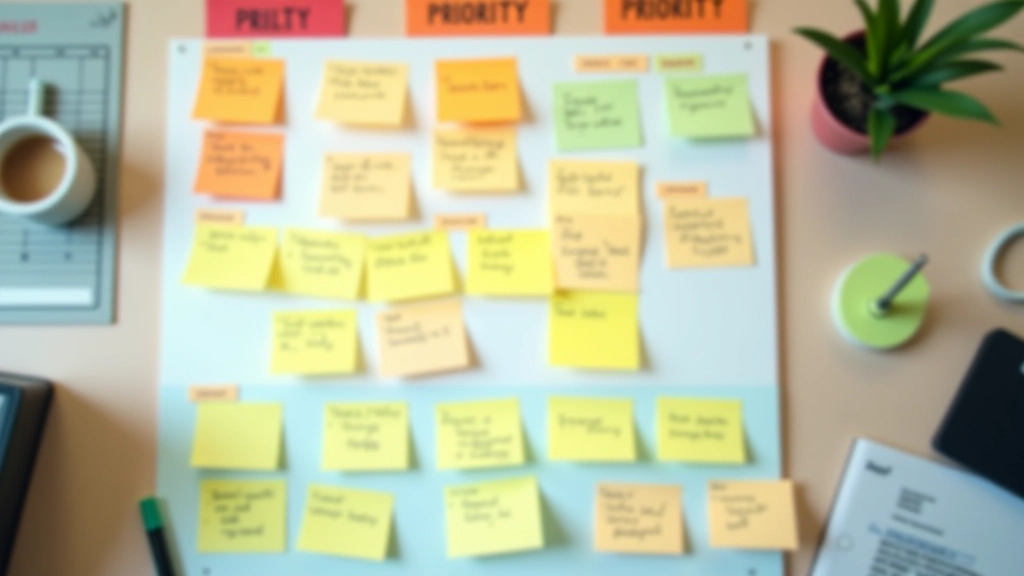 Project management board with priority labels and deadline stickers