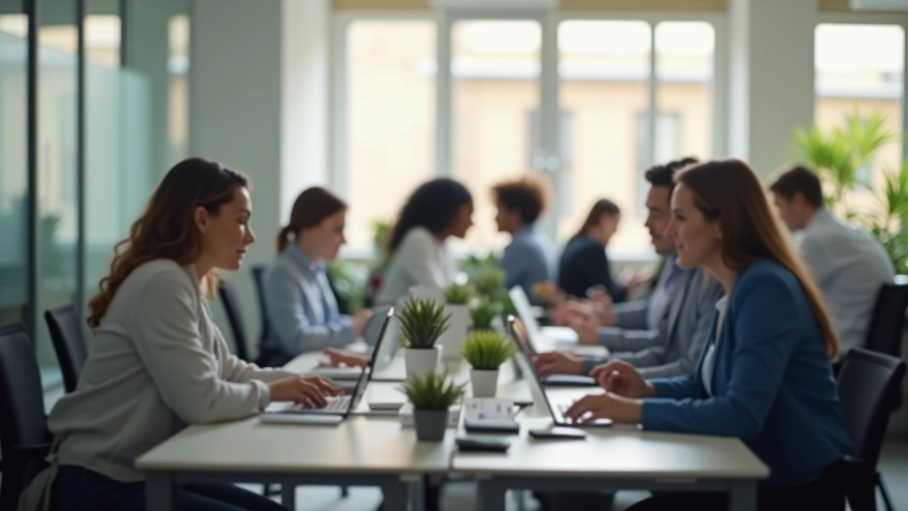Team members working at desks with organized calendar system