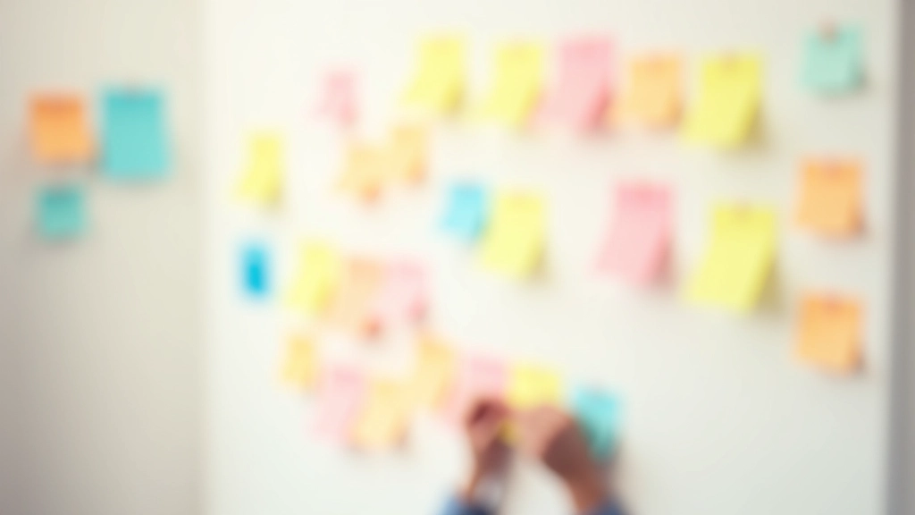 Multiple colored sticky notes organized on wall showing task breakdown and weekly priorities for team planning