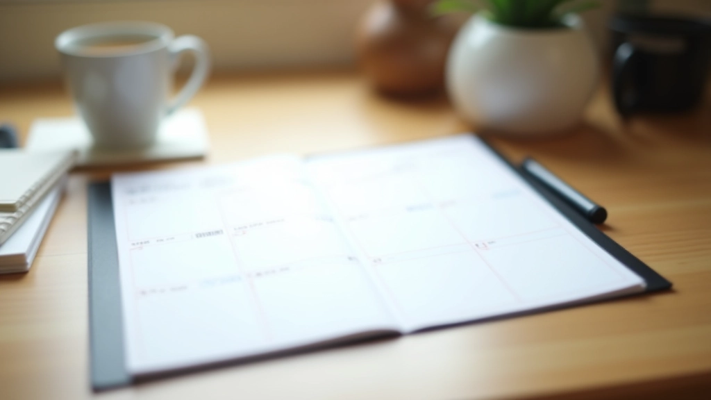 Open planner on desk with pen and coffee cup showing weekly schedule